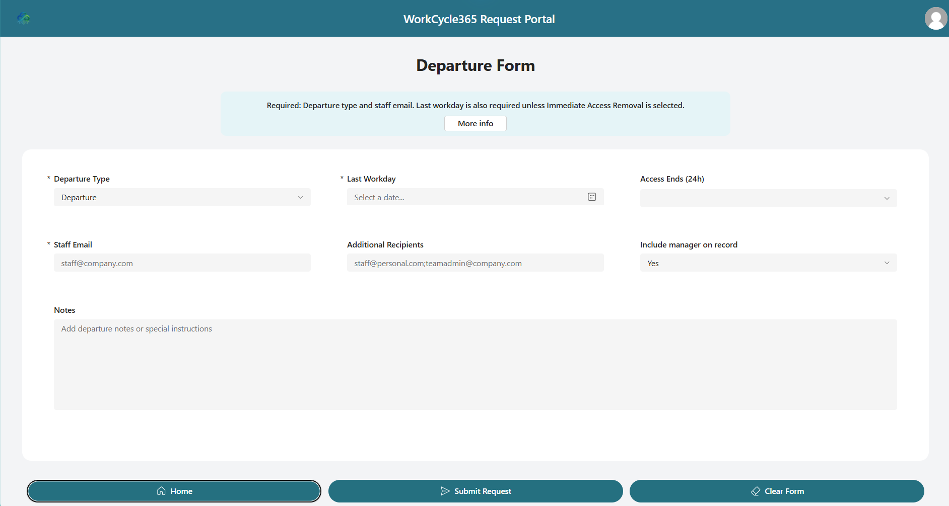 Merged selected Departure form with all dates, contact fields, Notes and bottom actions.
