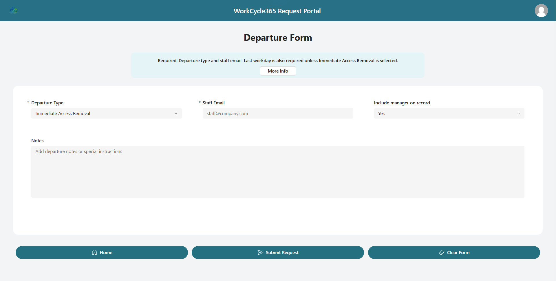 Departure Form with Immediate Access Removal selected, Staff Email, Include manager on record, Notes and actions.