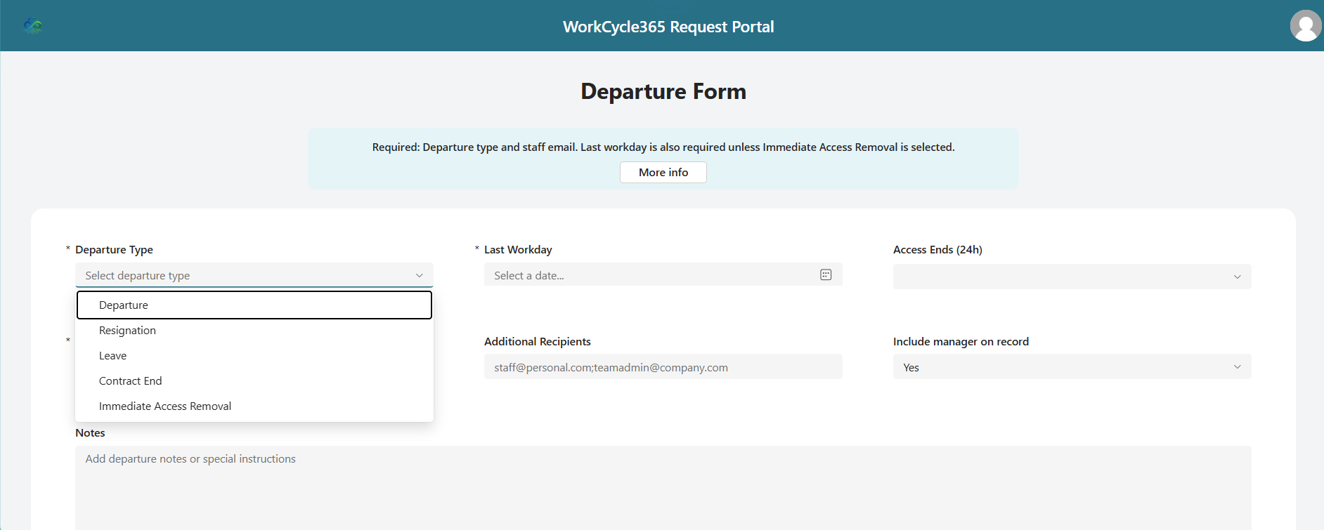 Departure form title and expanded Departure Type menu listing all five choices.