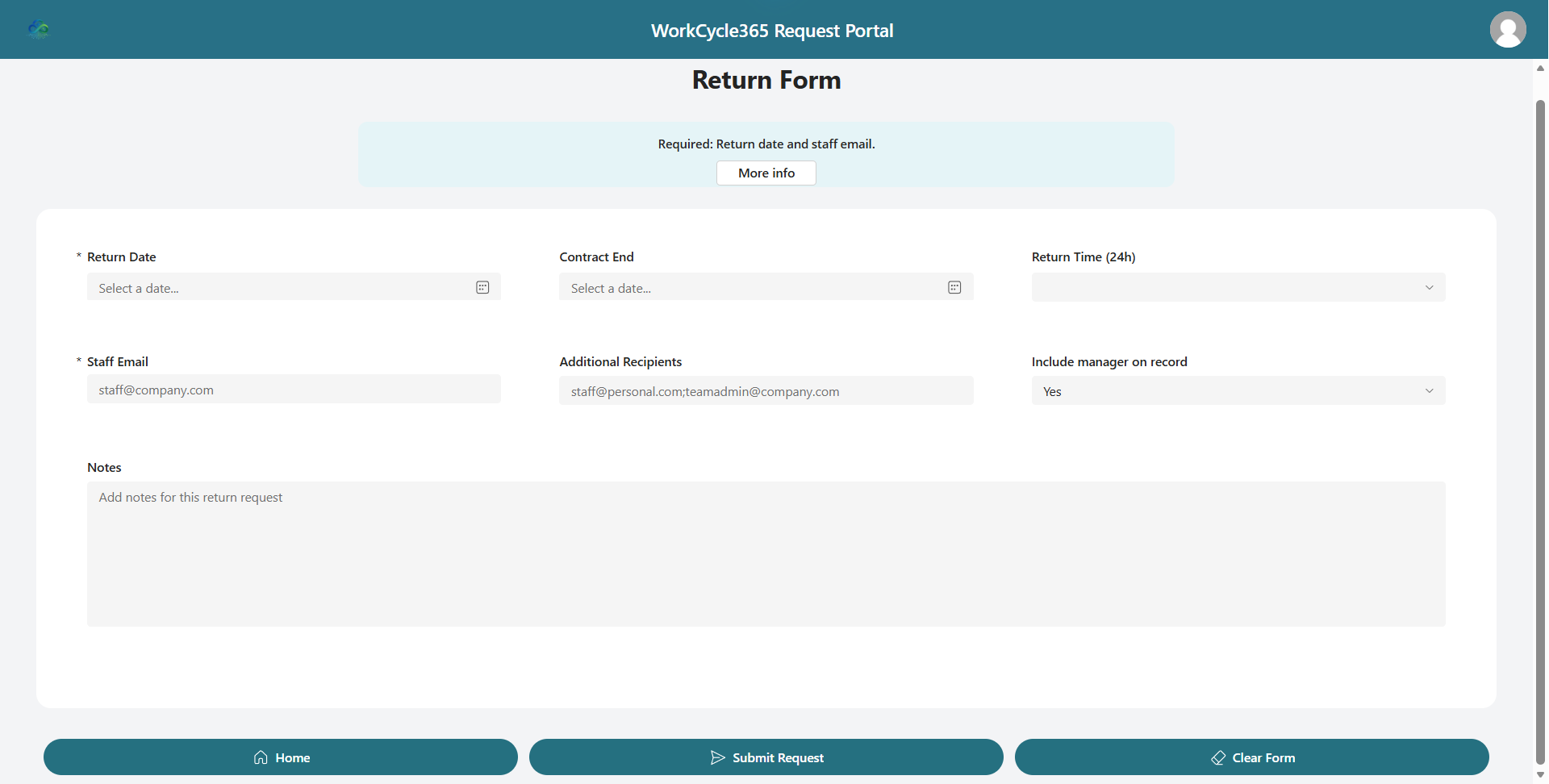 Complete blank Return form with required date and staff email, optional time and Contract End, recipients, manager choice, notes and actions.