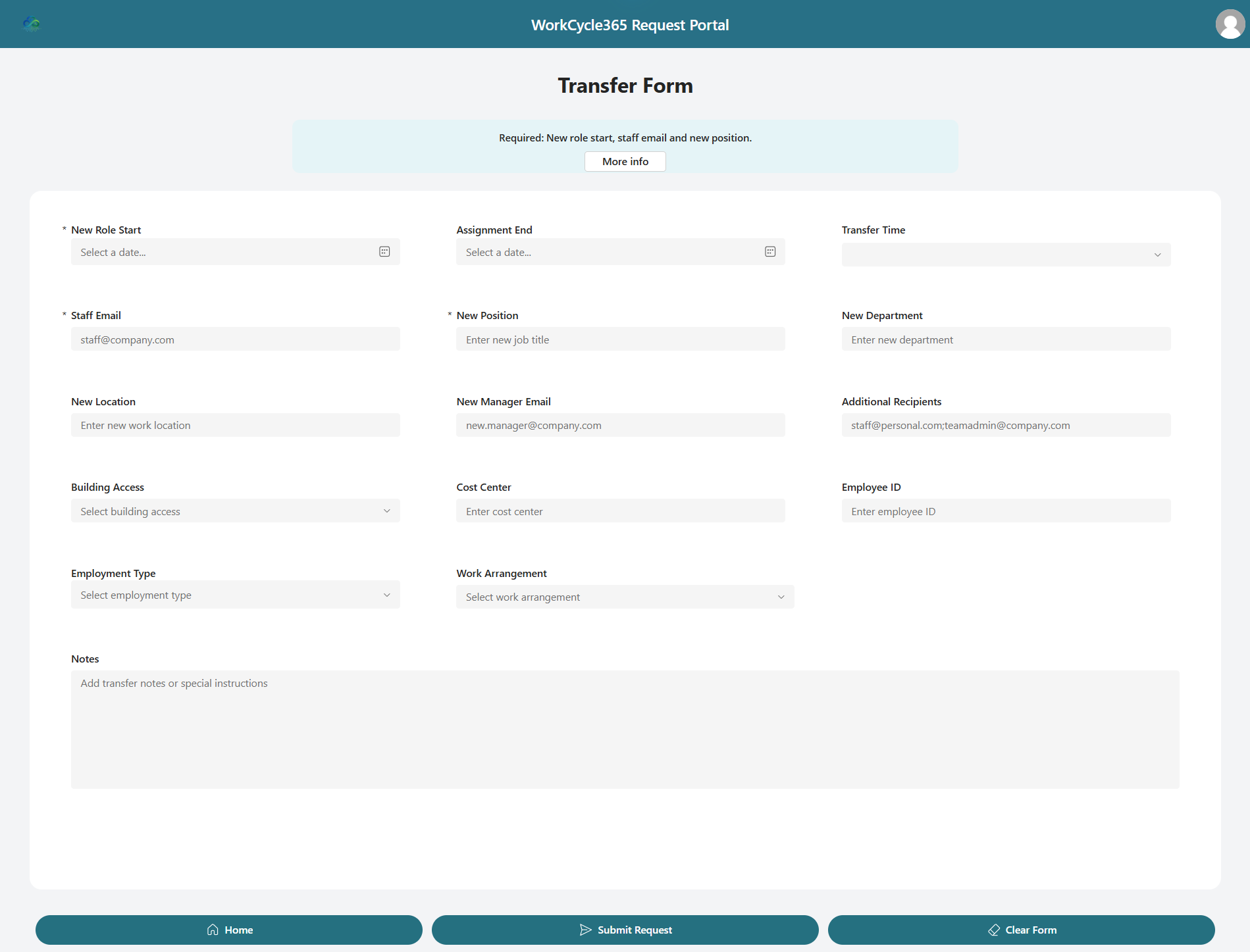 Merged Transfer form with dates, staff email, new role and manager, access, employment, Notes and all actions.